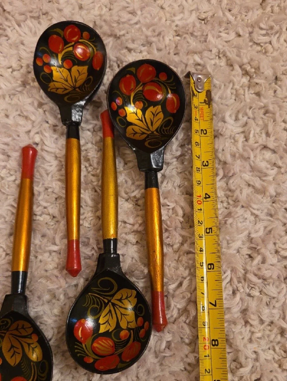 Khokhloma Hand-Painted Black and Gold Decorative Serving Spoons - Floral Design